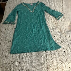 Lilly Pulitzer sz S teal and gold cotton knee length dress 3/4 sleeves